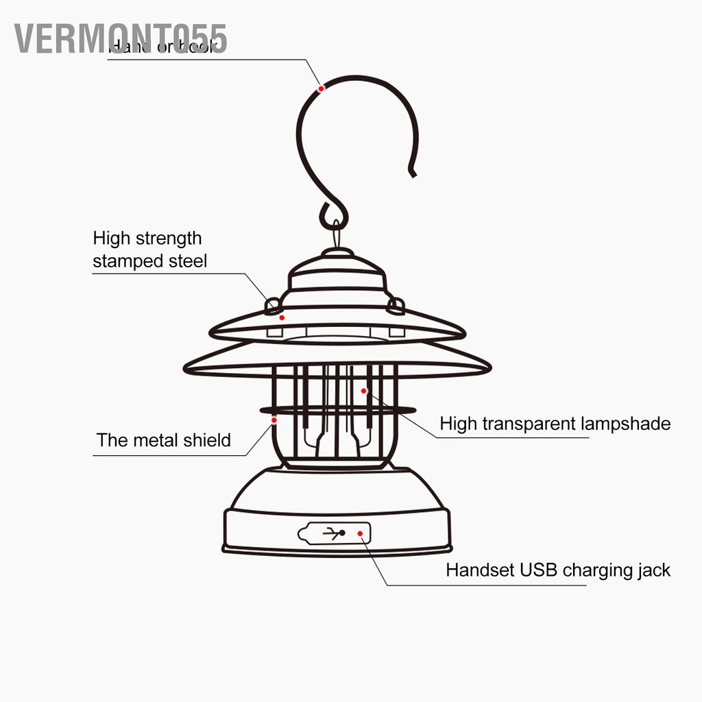 Vermont055 Đèn Lồng Cắm Trại Vintage Chống Nước IPX4 LED 35‑100lm Di Động Phong Cách Retro Treo Dành Cho Ngoài Trời