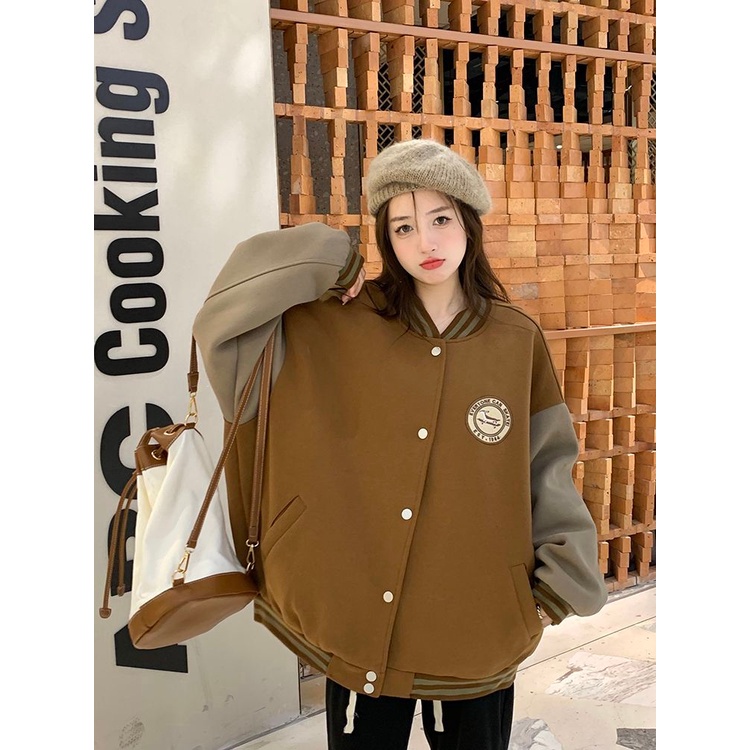 Áo Khoác Bóng Chày Tay Dài Dáng Rộng Bằng Vải Lông Thời Trang Thu Đông Cho Nữ