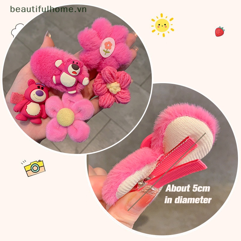 Bộ 8 / 10 Kẹp Tóc Hình Gấu / Dâu Tây Phủ Lông Thời Trang Mùa Đông Xinh Xắn Cho Bé