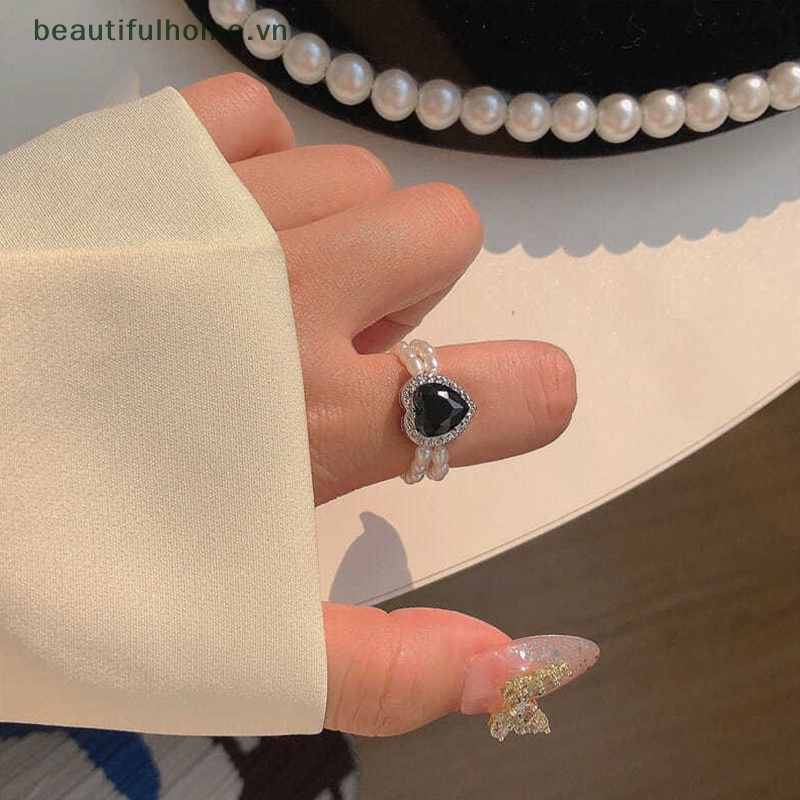 [beautifulhome] Nhẫn Hai Lớp Đính Ngọc Trai Giả Thanh Lịch Hình Trái Tim Có Thể Điều Chỉnh Trang Sức Dự Tiệc [beauty]