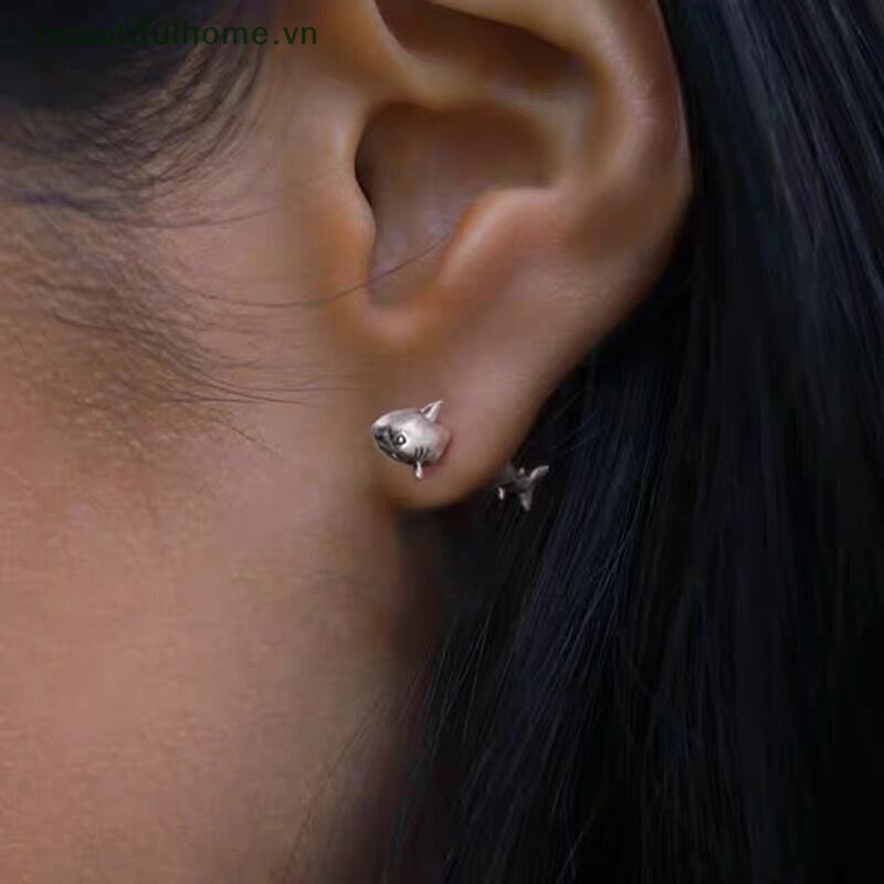 1 Khuyên Xỏ Tai Hình Cá Mập Bằng Bạc Phong Cách Punk Hip Hop Cổ Điển Cho Nam Và Nữ