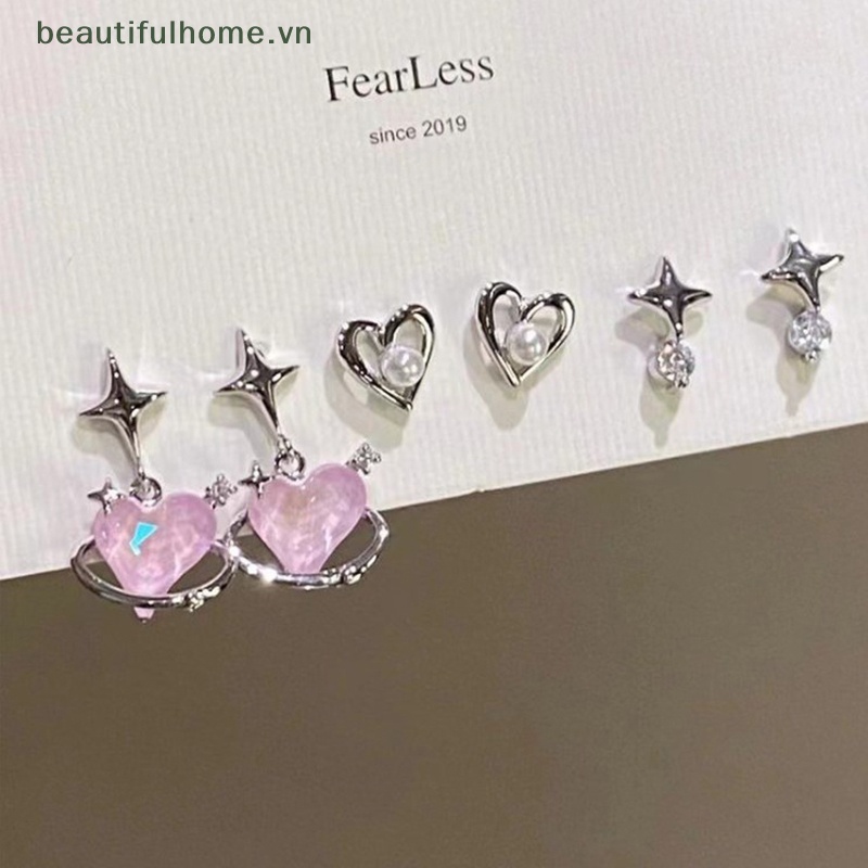 Set 6 Khuyên Tai Kim Loại Dạng Lỏng Đính Đá Opal Màu Hồng Trái Tim Chữ Thập Thời Trang Cho Nữ