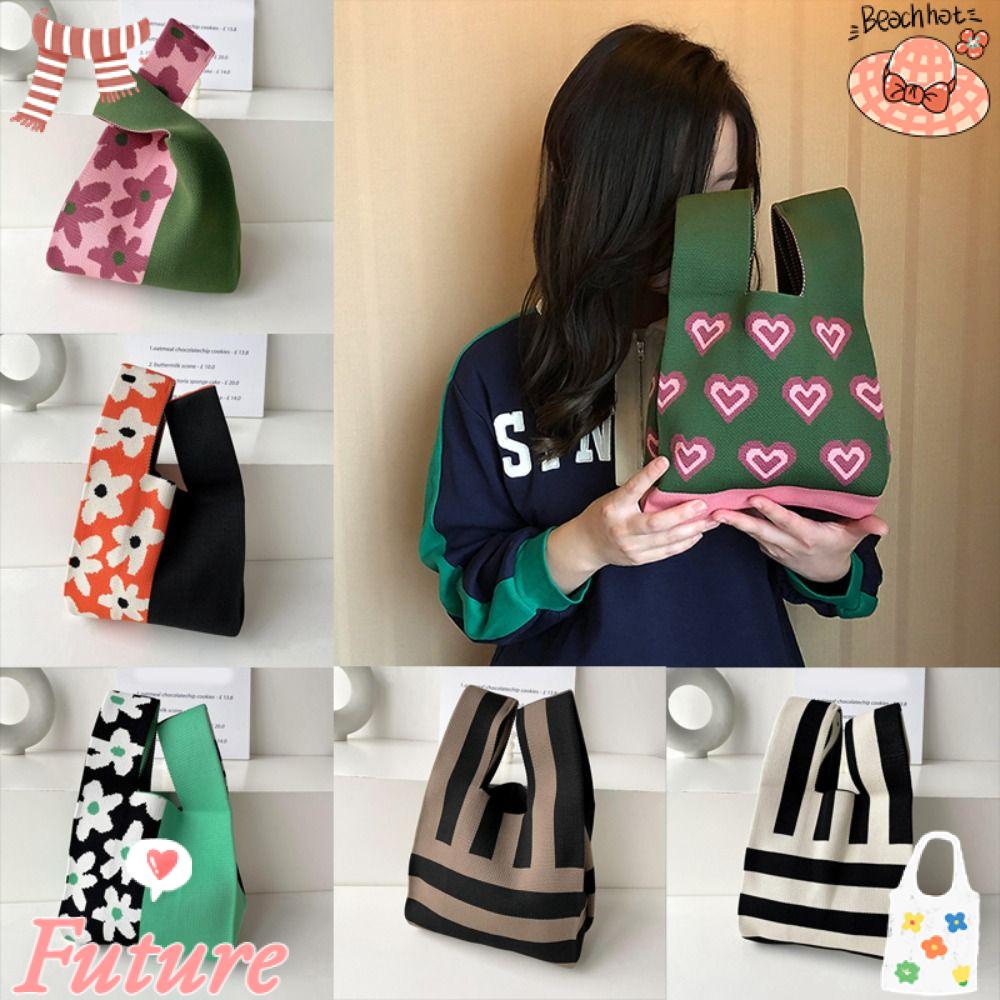 Túi Tote Đan Len Họa Tiết Hoa / Trái Tim Thắt Nút Xinh Xắn Cho Nữ