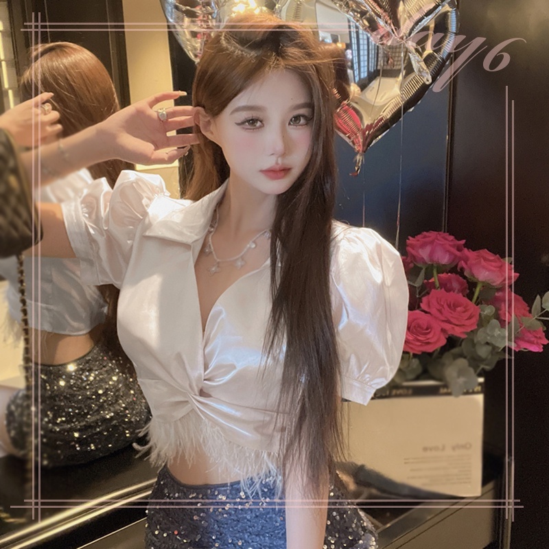 Áo Croptop Tay Ngắn Chất Satin Phối Tua Rua Thời Trang Cho Nữ