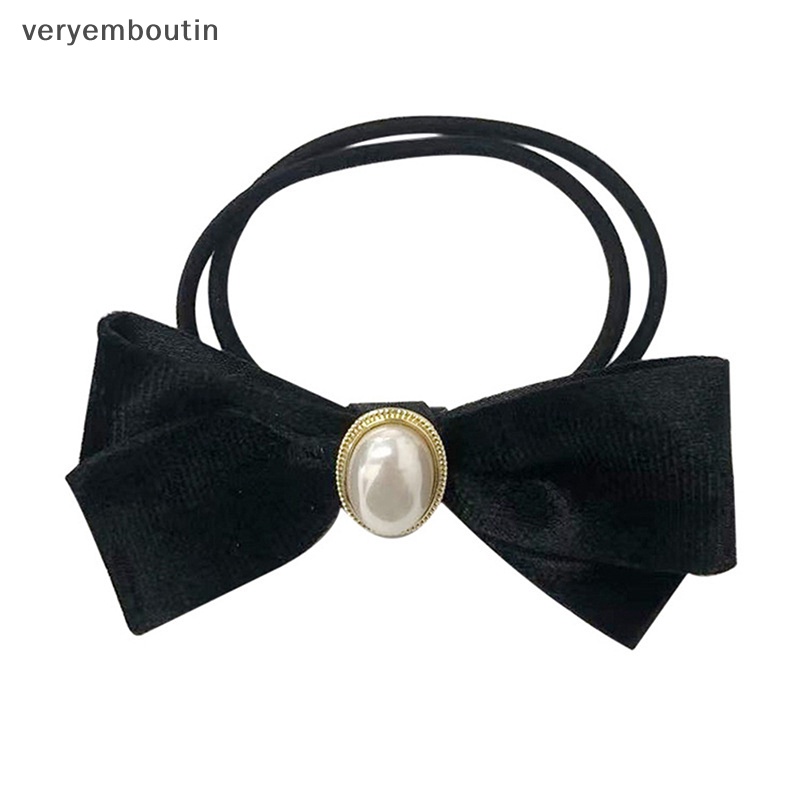 Dây Buộc Tóc Cao Su Bọc Nhung Màu Đen Đính Hạt Ngọc Trai Đơn Giản