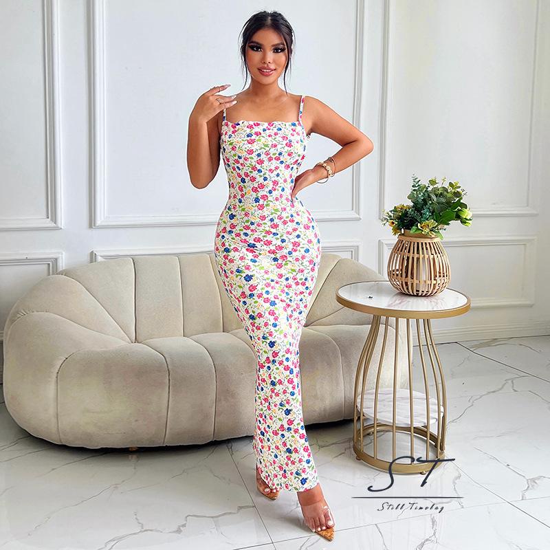 Đầm Maxi Hai Dây CY03 Y2K Vải Satin In Hoa Phong Cách Cổ Điển Quyến Rũ Dành Cho Nữ