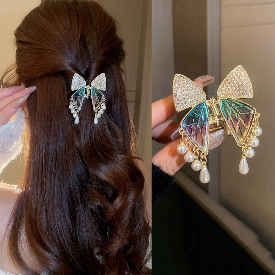 Kẹp Tóc Hình Bướm Bằng Hợp Kim Có Đính Đá &amp; Ngọc Trai