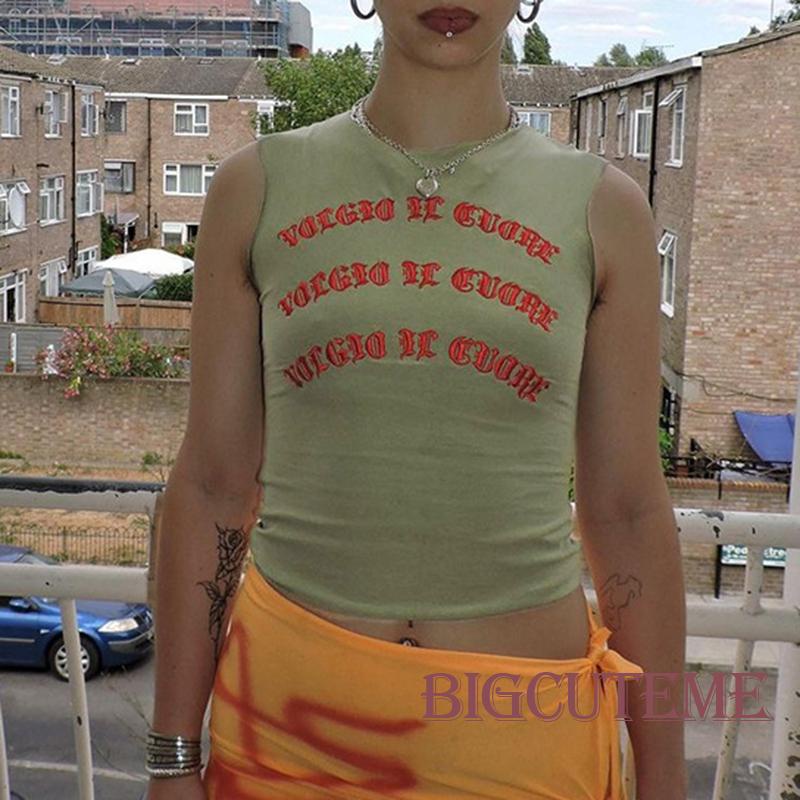 [] Áo Tank Top Không Tay Cổ Thuyền In Chữ Phong Cách Retro Cho Nữ