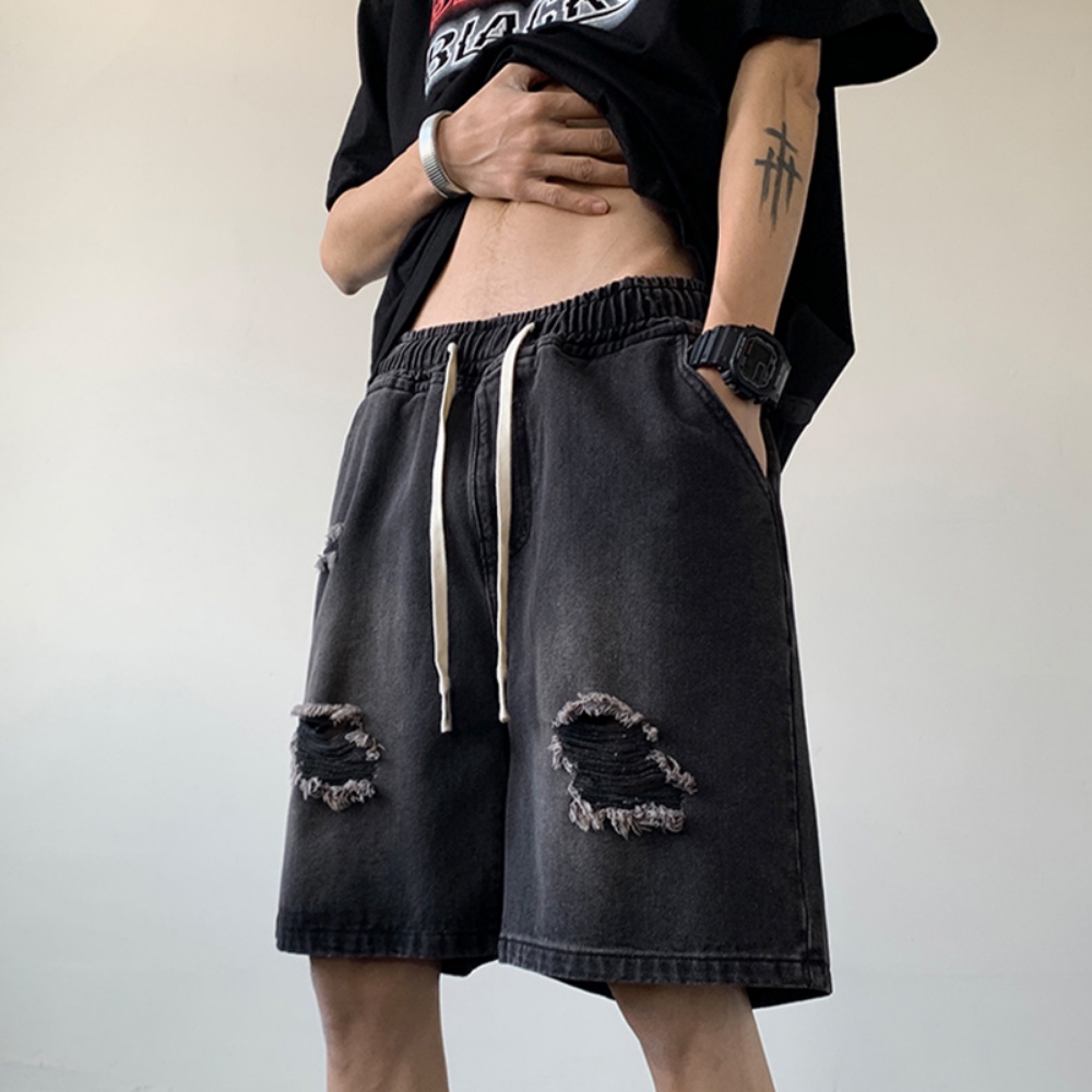 Quần Short Denim Mỏng Dáng Rộng Rách Cá Tính Phong Cách Retro Đường Phố Mỹ Cho Nam