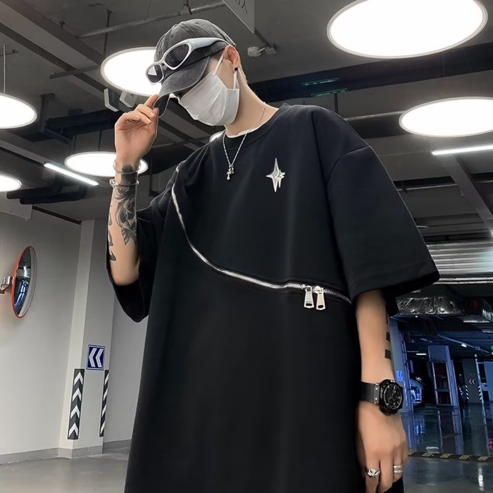 Áo Thun Ngắn Tay Cổ Tròn Dáng Rộng Phối Khóa Kéo Kim Loại Thời Trang Mùa Hè Giản Dị Dành Cho Nam