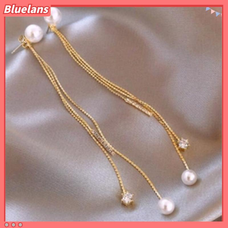 Bông Tai Chuỗi Ngọc Trai Dáng Dài Đính Đá Phối Tua Rua Thanh Lịch