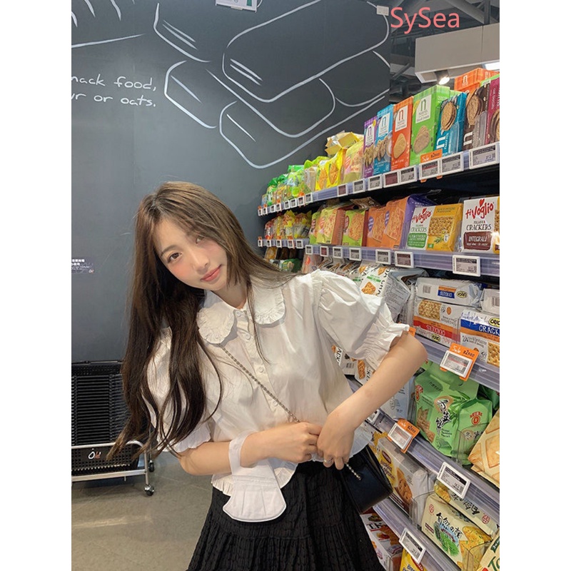 Áo Kiểu Eo Cao Phối Bèo Nhún Phong Cách Pháp Nữ Tính