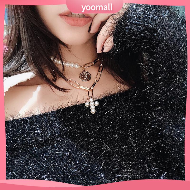 [YM] Vòng cổ Ngắn Hai Lớp Mặt Chữ Thập Đính Ngọc Trai Và Đầu Nữ Hoàng