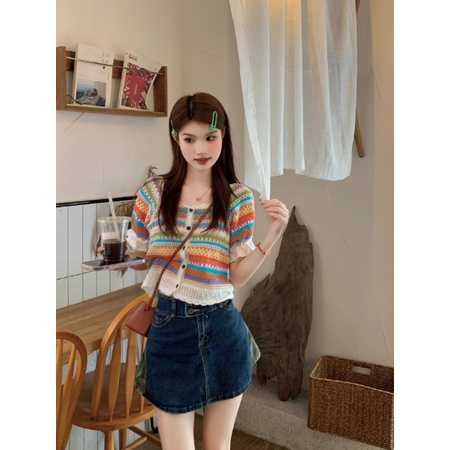 Áo Cardigan Dệt Kim Cổ Vuông Kẻ Sọc Màu Sắc Cầu Vồng Xinh Xắn
