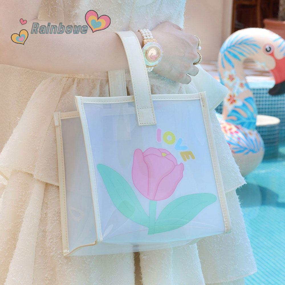 Túi Đeo Vai Bằng PVC Trong Suốt Sức Chứa Lớn Họa Tiết Cầu Vồng Dễ Thương Dùng Khi Đi Bơi