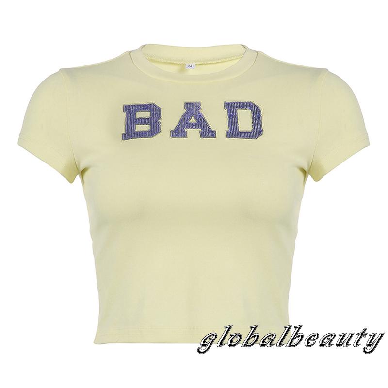 Áo Thun Lửng Ngắn Tay Cổ Tròn In Chữ Thời Trang Nữ Tính
