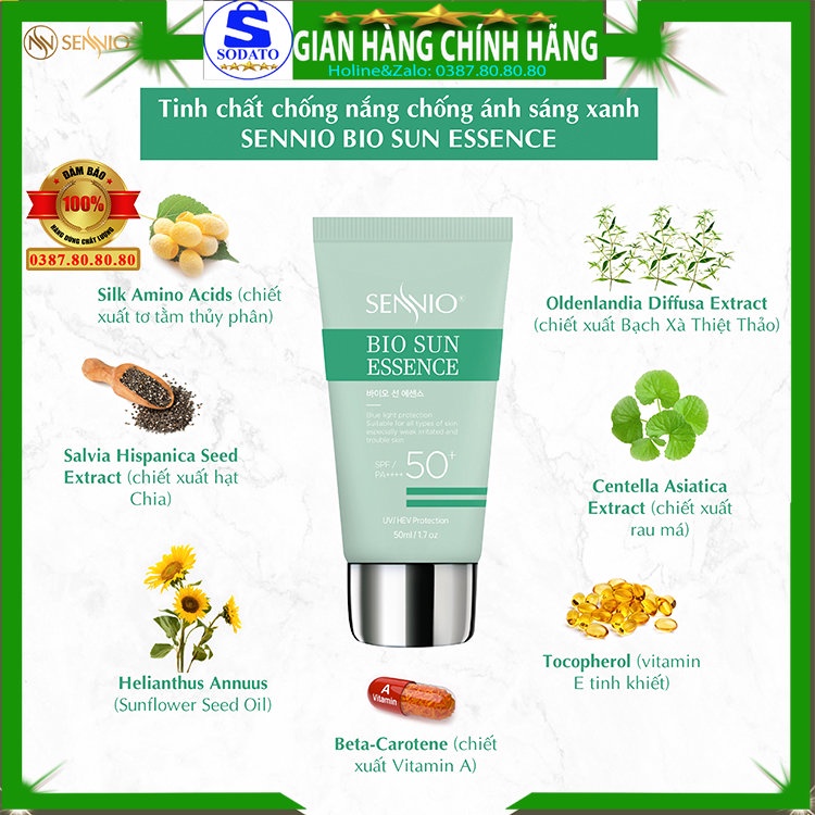 Kem chống nắng chống ánh sáng xanh ánh điện tốt hàn quốc chính hãng Sennio tinh chất chống nắng trắng da cho nữ cho nam