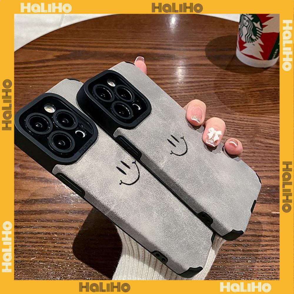 Ốp Lưng iPhone 11 Vỏ Da Veneer Màu Xám Vỏ Lông Học Trò Mềm Vỏ Điện Thoại Chống Sốc Biểu Tượng Cảm Xúc Nhỏ Mặt Cười Đơn Giản Tương thích với iPhone 14 Pro max 13 Pro max 12 Pro Max XR XS 7Plus 8Plus