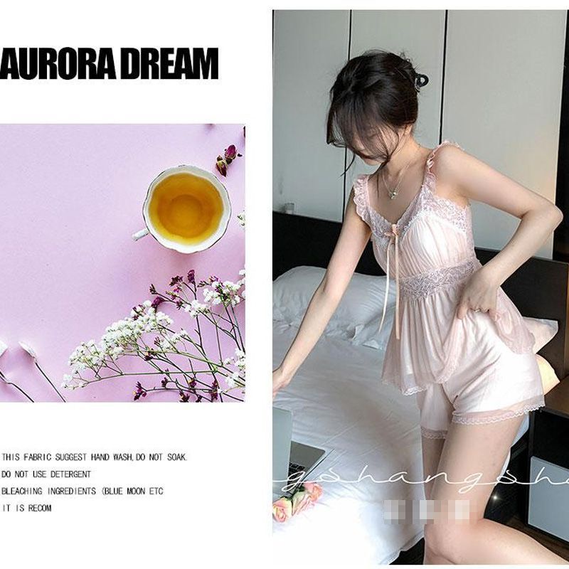 Bộ Đồ Ngủ Hai Dây Phối Ren Phong Cách Công Chúa Ngọt Ngào Thời Trang Mùa Hè Cho Nữ