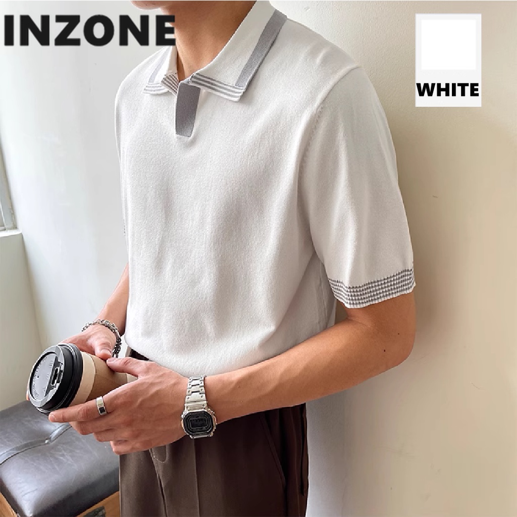 Áo Thun polo Dệt Kim Ngắn Tay Họa Tiết Sọc Ngang Thời Trang Hàn Quốc Cho Nam