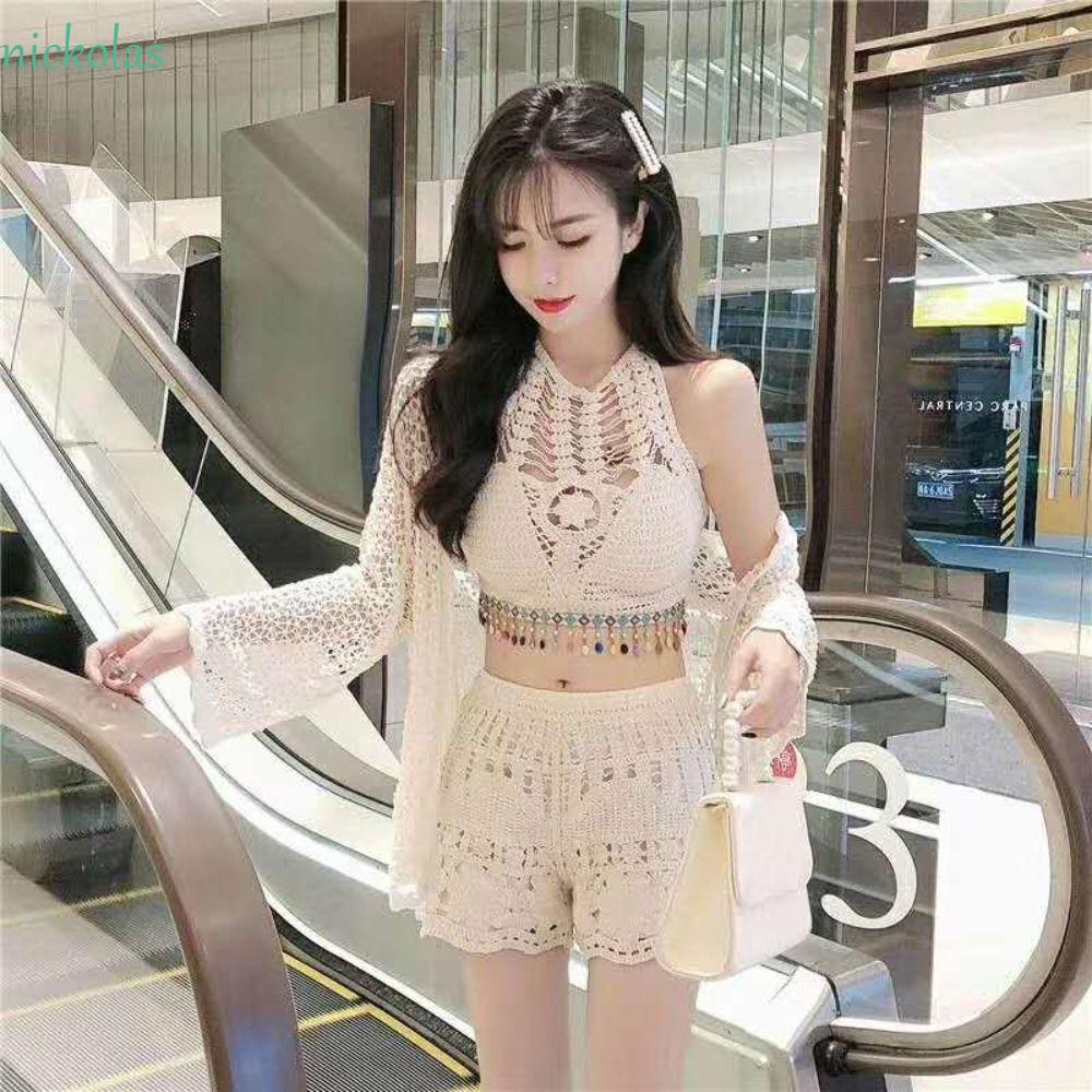 NICKOLAS Bộ Đồ Bơi Hai Dây Co Giãn Thêu Họa Tiết Phối Tua Rua Thời Trang Cho Nữ