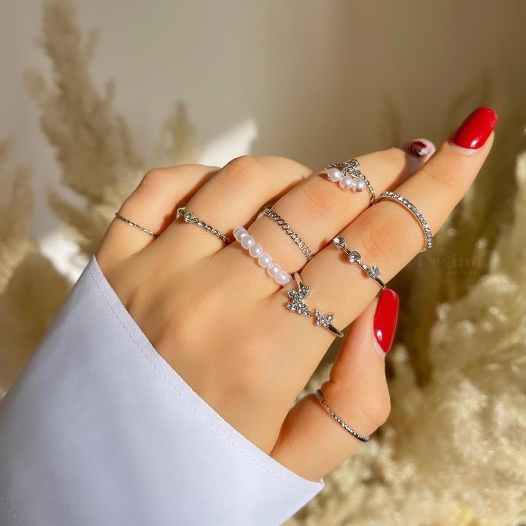 Set 9 Nhẫn Bạc Đính Hạt Giả Ngọc Trai Hình Bướm