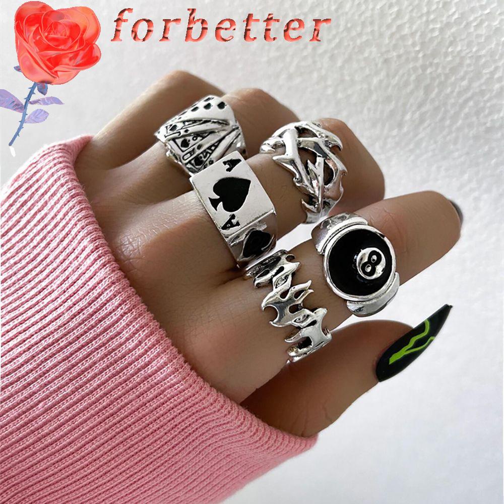 FORBETTER Bộ Nhẫn Hình Trái Tim / Bướm Có Thể Điều Chỉnh Kích Cỡ Phong Cách Punk Dành