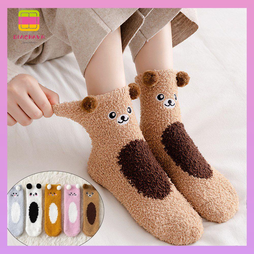 DIACHAVN Tất Nhung San Hô Giữ Ấm Chân Hình Gấu Dễ Thương Cho Bé Gái
