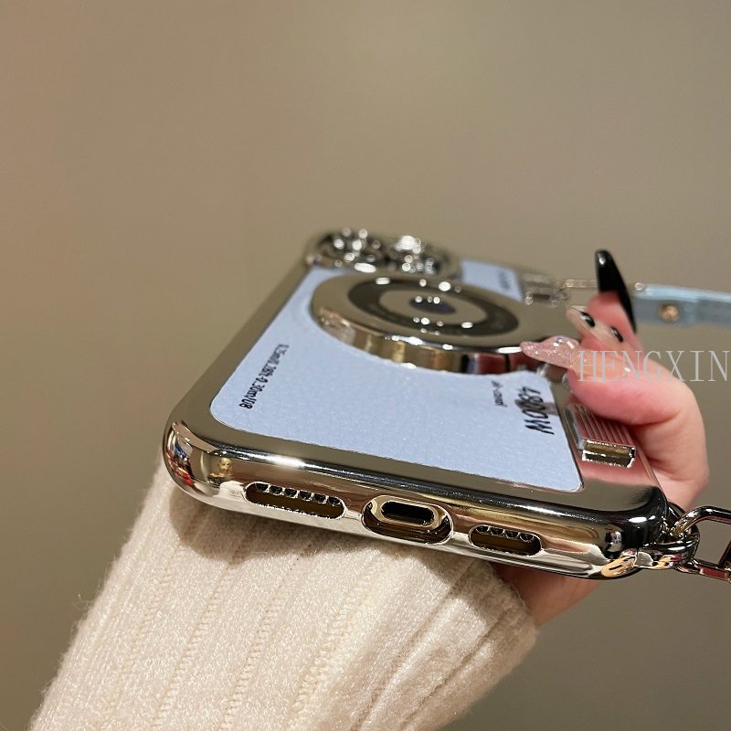 Creative and Personalized 3D Electroplated Camera Leather Hand Starp Phone Case Suitable for iPhone 15 Pro Max 11 12 13 14 Pro Max 14 Plus Shockproof Full Case
