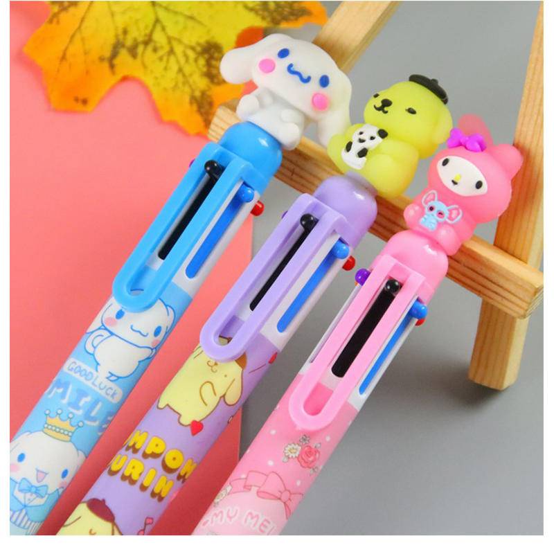 Bút Bi 6 Màu Họa Tiết Sanrio Mymelody Kuromi Cinnamoroll PomPom Purin Dễ Thương