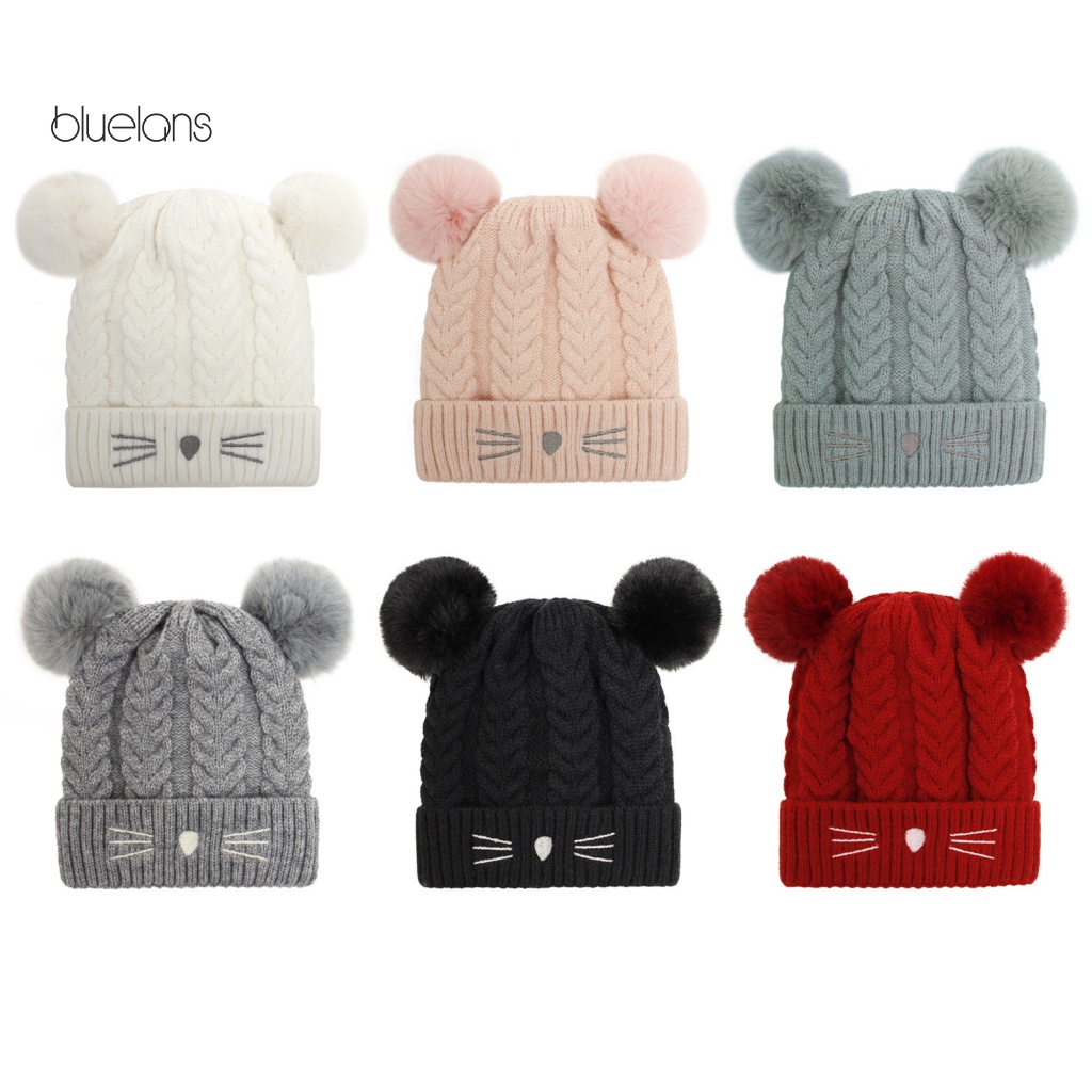 Mũ Beanie Đính Hai Quả Bông Dày Dặn Họa Tiết Hoạt Hình Dễ Thương Cho Bé Gái