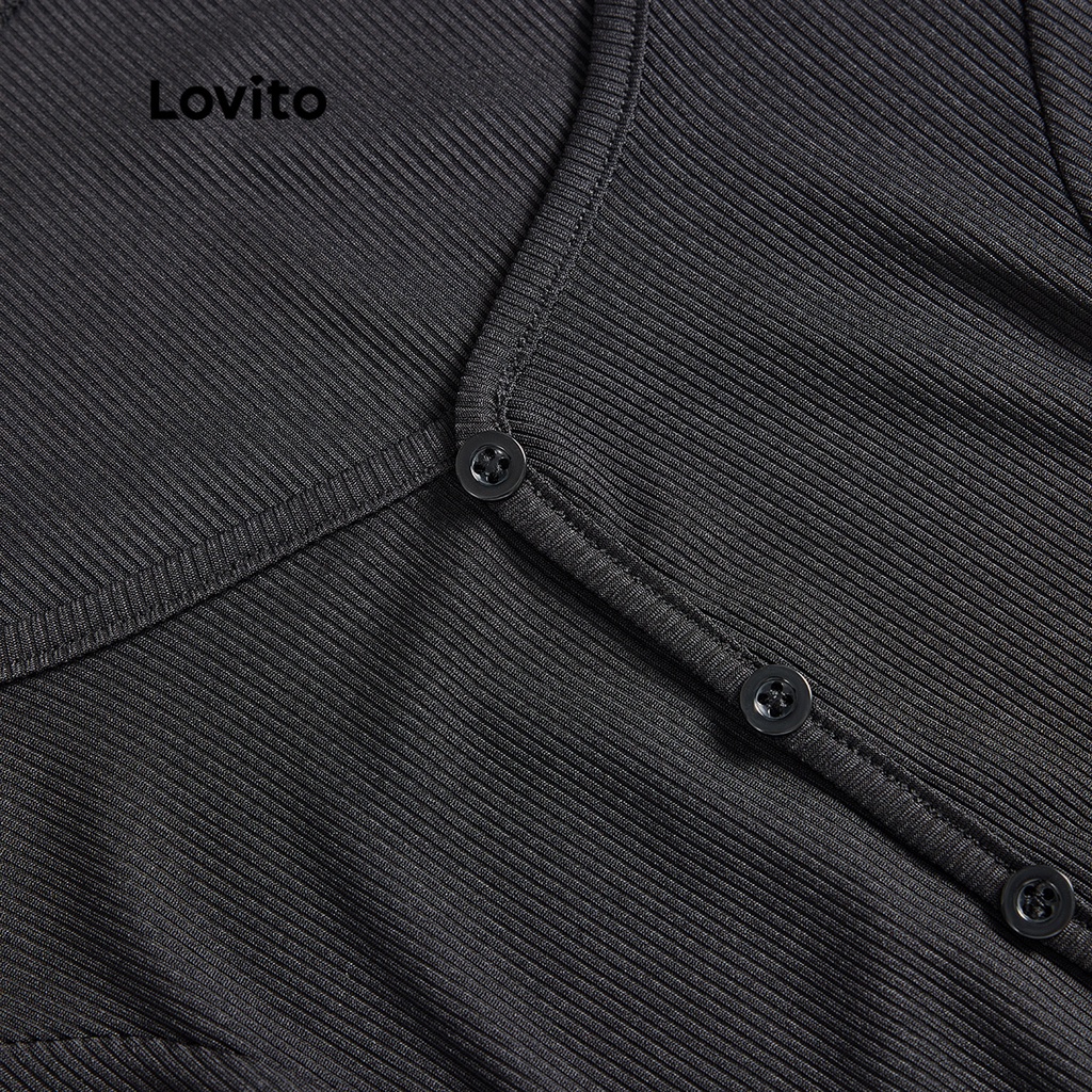 Lovito Áo thun đính nút phía trước trơn đơn giản cho nữ L56ED045 (Đen)