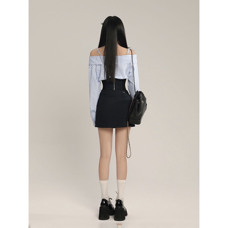 Set Áo Sơ Mi Kẻ Sọc Xanh Dương + Chân Váy Điều Chỉnh Màu Sáng Phong Cách Thường Ngày Mới Cho Nữ