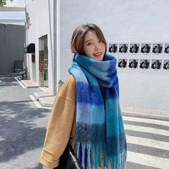 Khăn Choàng Cổ Hai Chức Năng Dày Dặn Họa Tiết Kẻ Sọc Màu Ấm Áp Mùa Đông Phong Cách Hàn Quốc Dành Cho Bạn Nữ