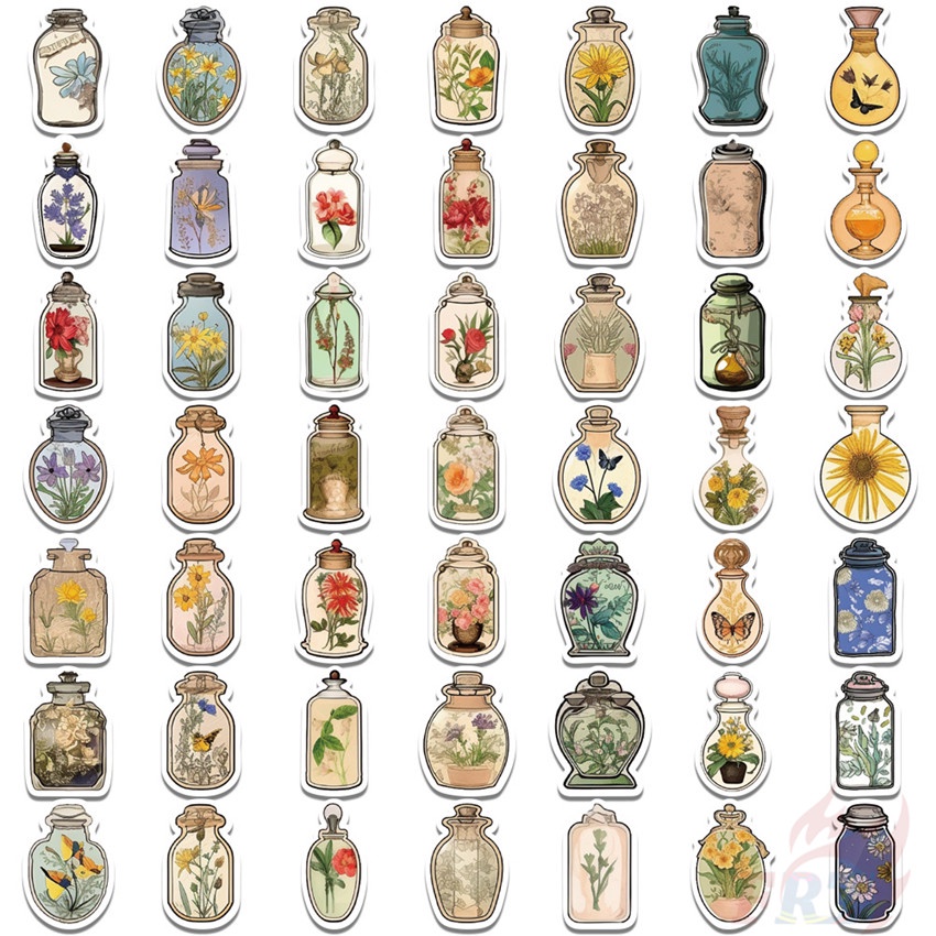 Bộ 200 Chiếc ❉ Miếng Dán Trang Trí Bình Hoa Mini Phong Cách Vintage ❉ Sticker Dán Tường Chống Thấm Nước Họa Tiết Doodle Hợp Thời Trang