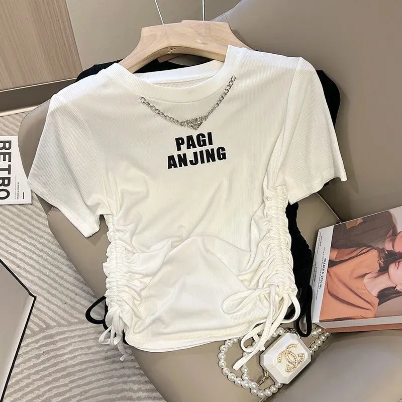 Áo Thun Tay Ngắn In Chữ Phối Dây Xích Thời Trang Mùa Hè Phong Cách Mới Cho Nữ