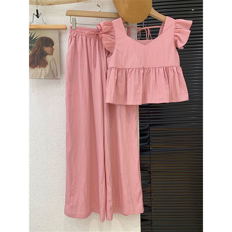 Bộ Áo Sơ Mi Tay Cánh Tiên + Quần Dài Ống Rộng Thời Trang Mùa Hè Hàng Mới Dành Cho Bạn Nữ