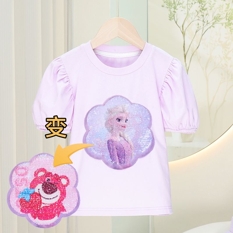 SANRIO Áo Thun Cotton Tay Phồng Đính Kim Sa Hình Kuromi Cinnamoroll Dễ Thương Thời Trang Mùa Hè Cho Bé Gái 100-150cm