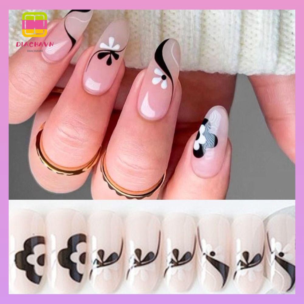 DIACHAVN Bộ 24 Móng Tay Giả Màu Trắng Đen Đính Đá Xinh Xắn