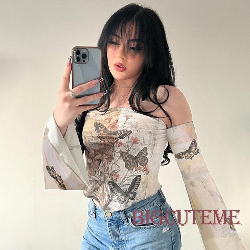 Áo Croptop Trễ Vai Dài Tay In Họa Tiết Hoa Bướm Thời Trang Dành Cho Nữ