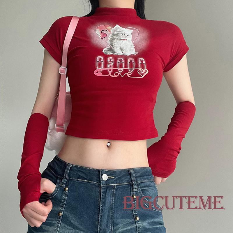 Áo Thun Lửng Tay Ngắn Cổ Cao In Hình Mèo Thời Trang Cho Nữ