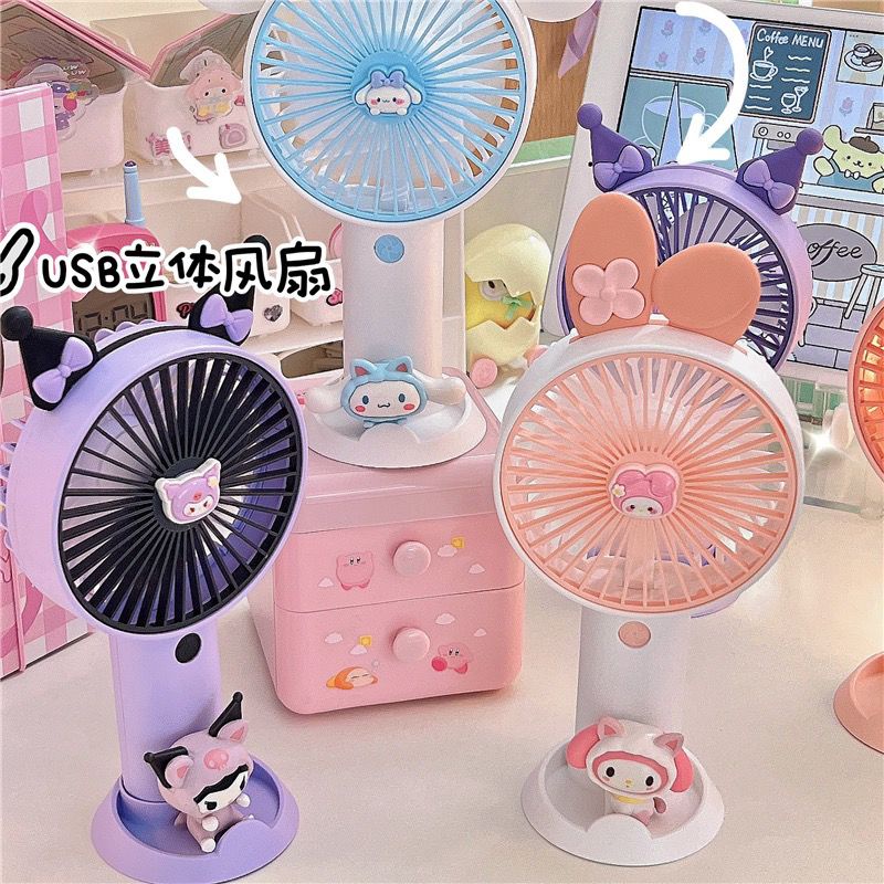 Quạt Sạc USB Cầm Tay Để Bàn Hình Kuromi Cún Melody Tai To Dễ Thương