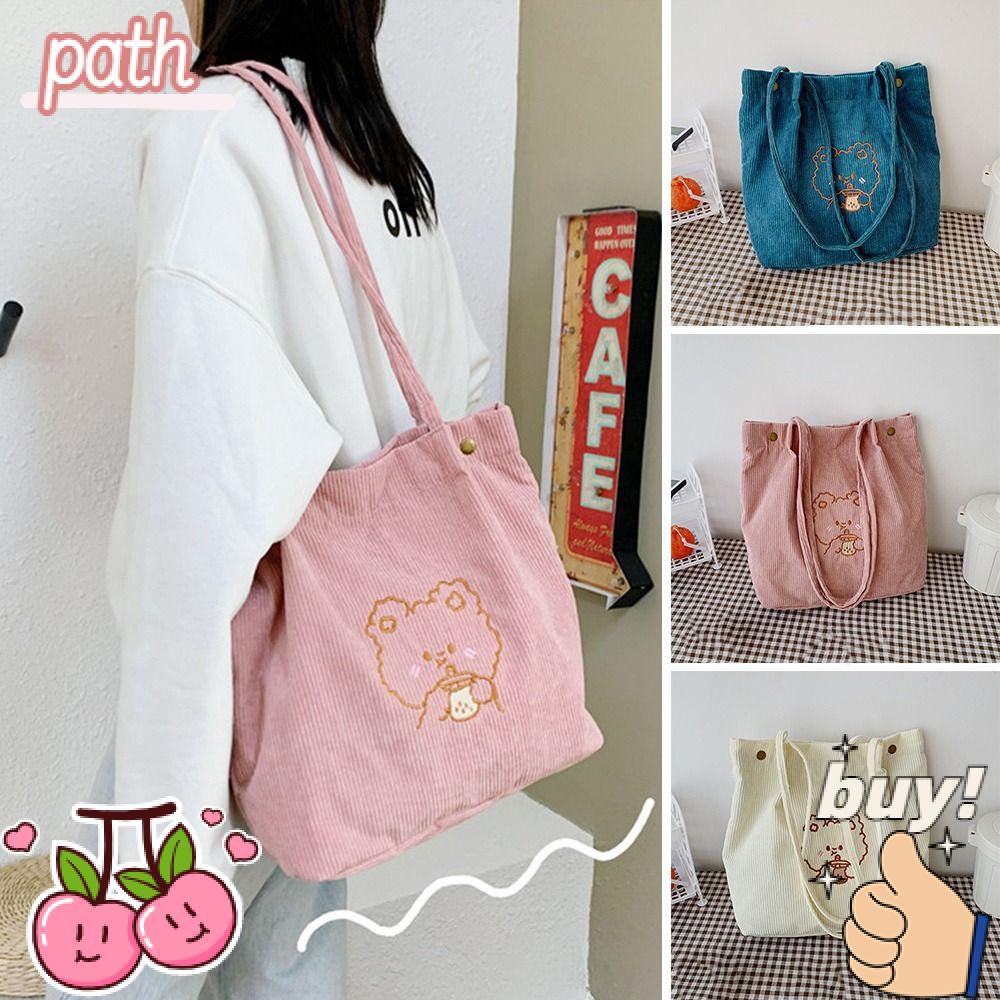 PATH Túi Tote Vải Nhung Họa Tiết Gấu Hoạt Hình Dễ Thương