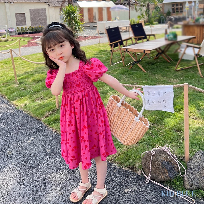 Đầm Tay Phồng Cổ Vuông Xếp Ly In Họa Tiết Thời Trang Mùa Hè Hàn Quốc Cho Nữ