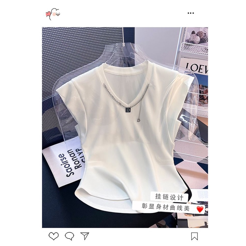 Áo Thun Cotton Tay Ngắn Phối Dây Xích Thời Trang Mùa Hè 2023 Dành Cho Nữ