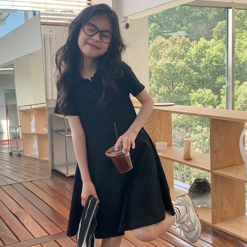 Đầm Thun Dài Trung Bình Tay Ngắn Cổ polo Màu Đen Thời Trang Mùa Hè Phong Cách Mori Hàn Quốc Cho Bé Gái