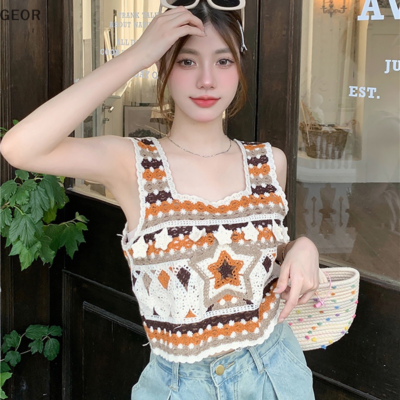 Áo Dệt Kim Sát Nách Thêu Họa Tiết Màu Tương Phản Thời Trang Mùa Hè Cho Nữ