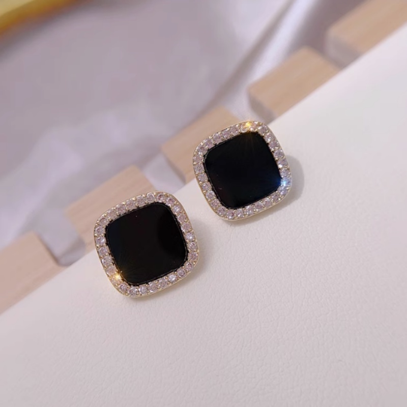 Bông Tai Mạ Bạc 925 Hình Vuông Đính Đá Pha Lê Đen Phong Cách Hàn Quốc Thời Trang Cho Nữ