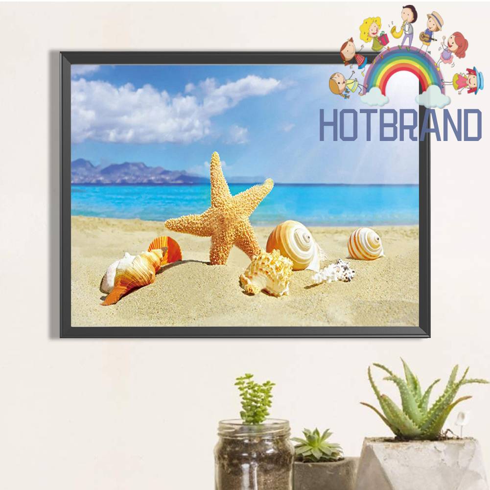 Tranh Đính Đá Kim Cương Toàn Bộ 5D DIY Hình Vẽ Bãi Biển Vỏ Sò