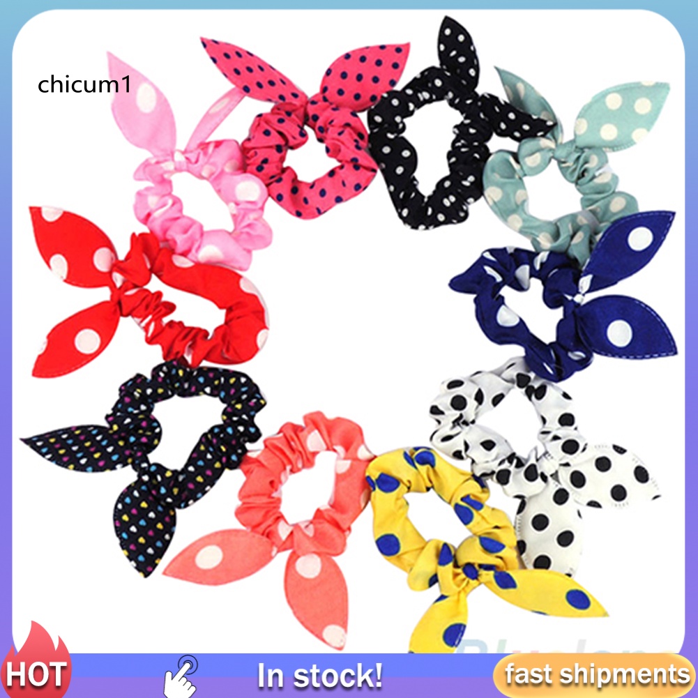 Set 10 Dây Cột Tóc Tai Thỏ Họa Tiết Chấm Bi Phong Cách Hàn Quốc Cho Bé Gái